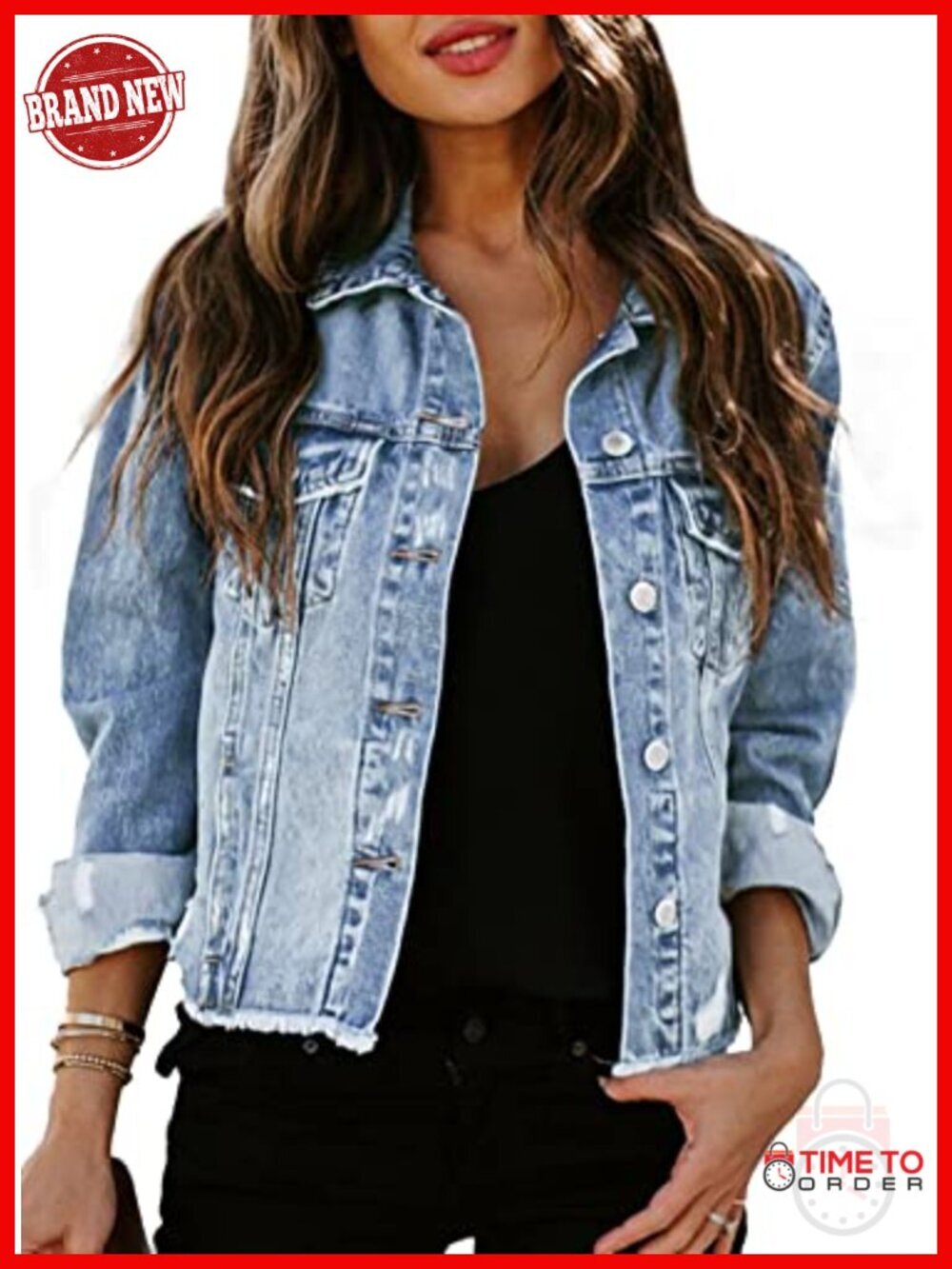 Distressed Denim Jacket Long Sleeve Button Ripped Jean Coat